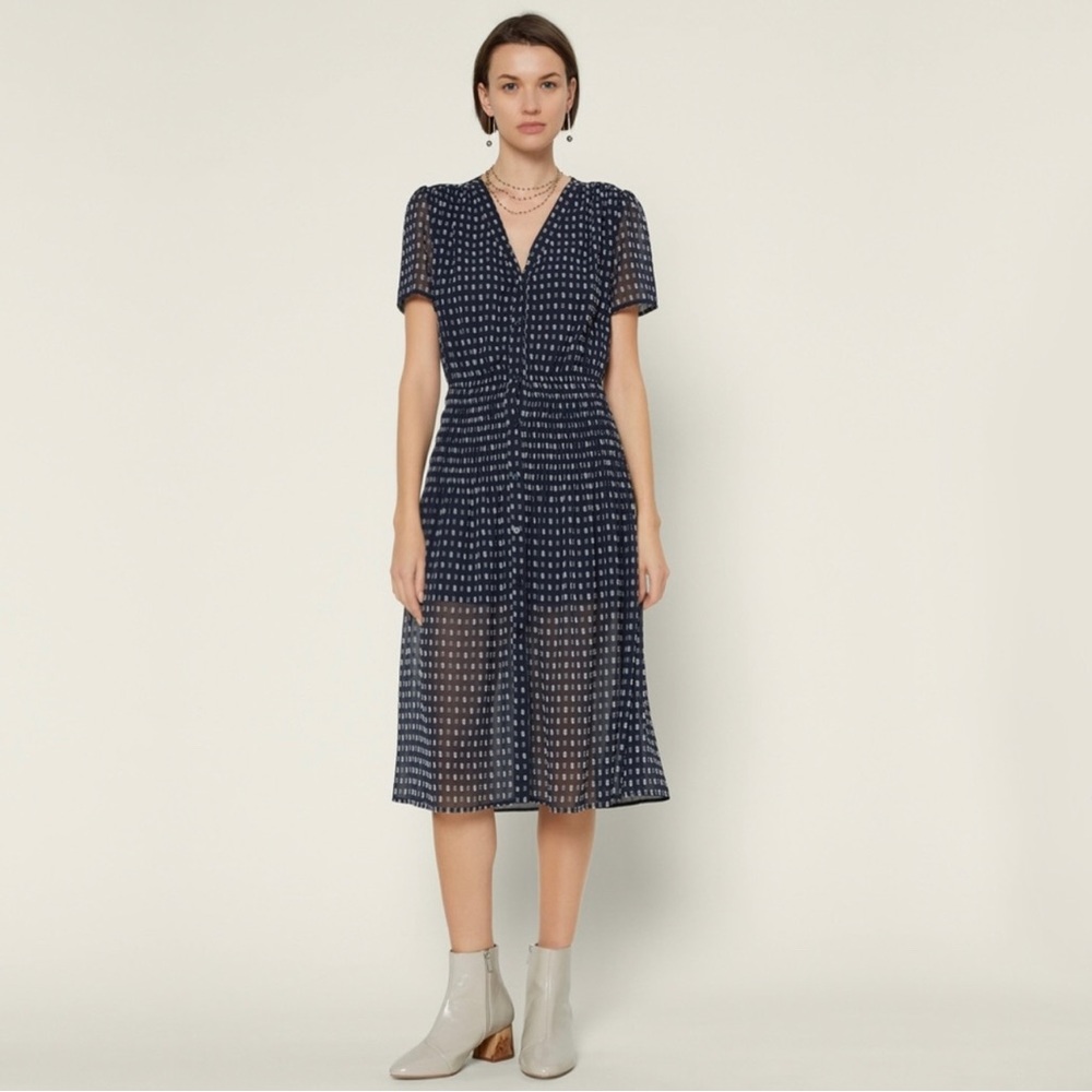 Anthro Current Air Short Sleeve Button Down Semi-Sheer Polka Dot MIDI Dress Sz L - Picture 2 of 14